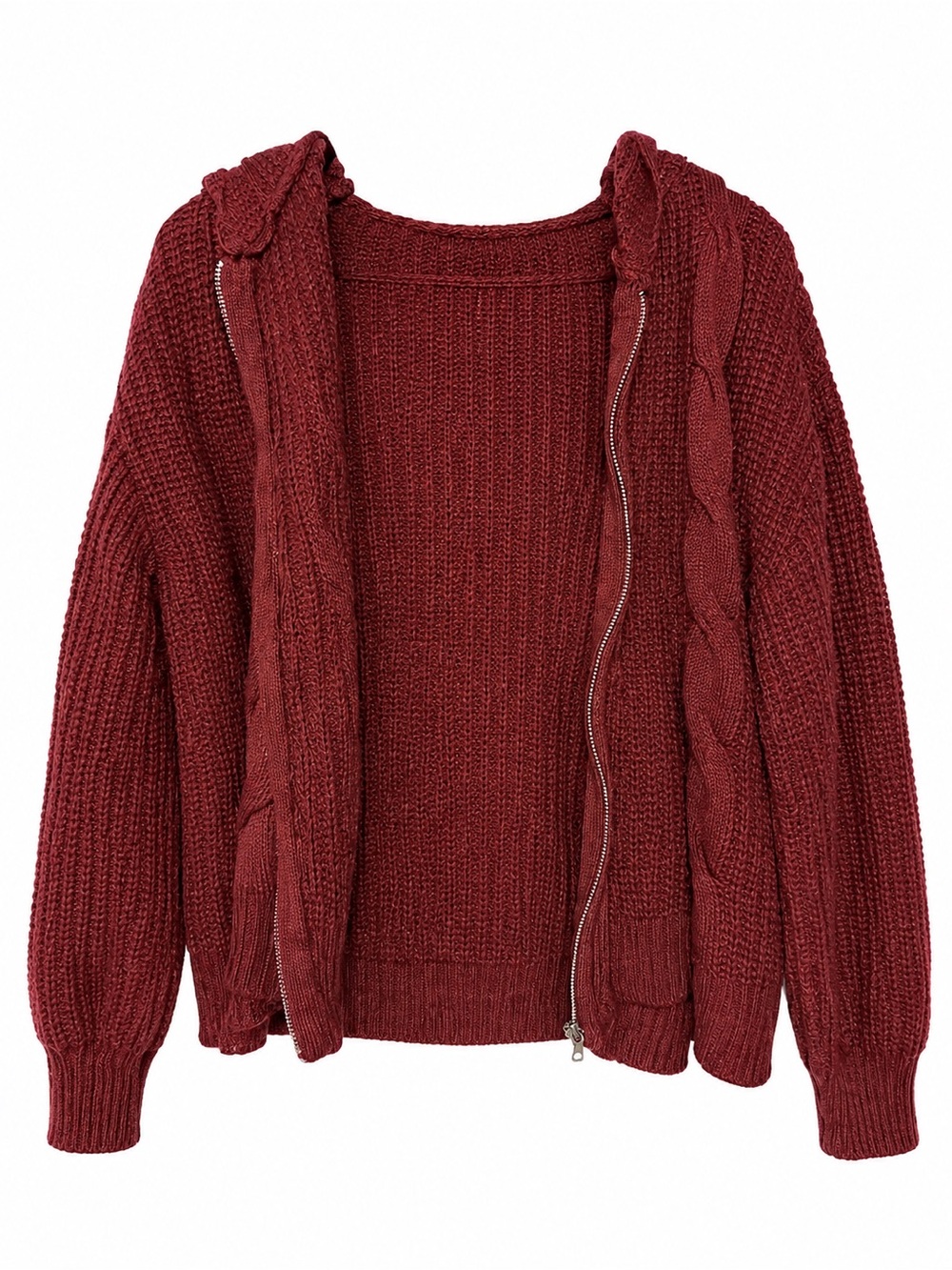 Chunky Cable Zip Hoodie Sweater - Burgundy